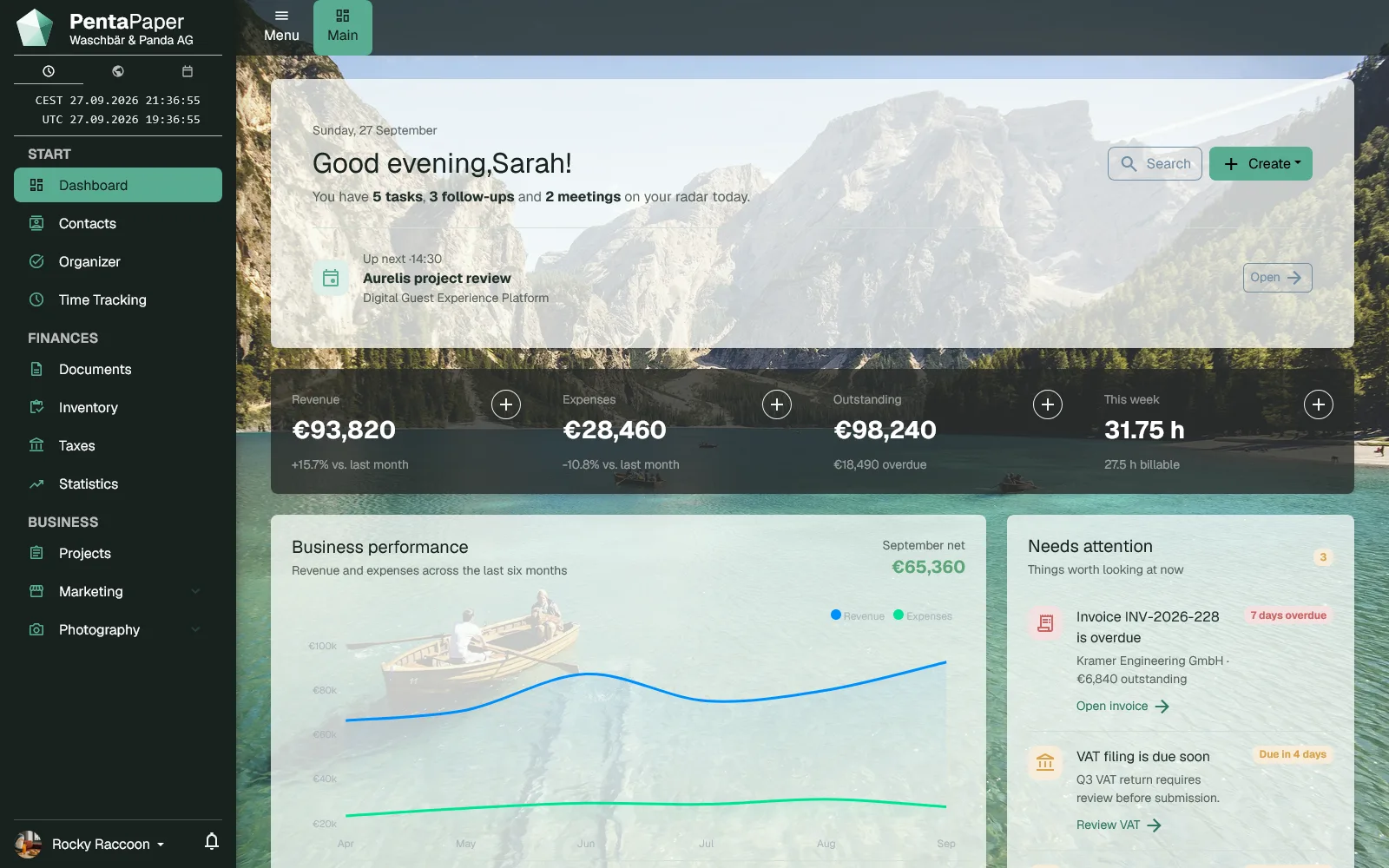 PentaPaper dashboard showing business metrics and connected modules
