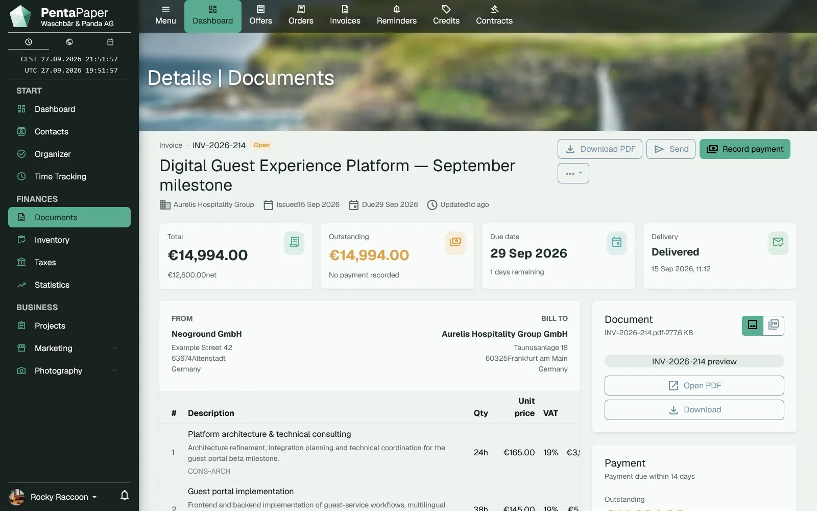 PentaPaper invoice builder placeholder with document preview